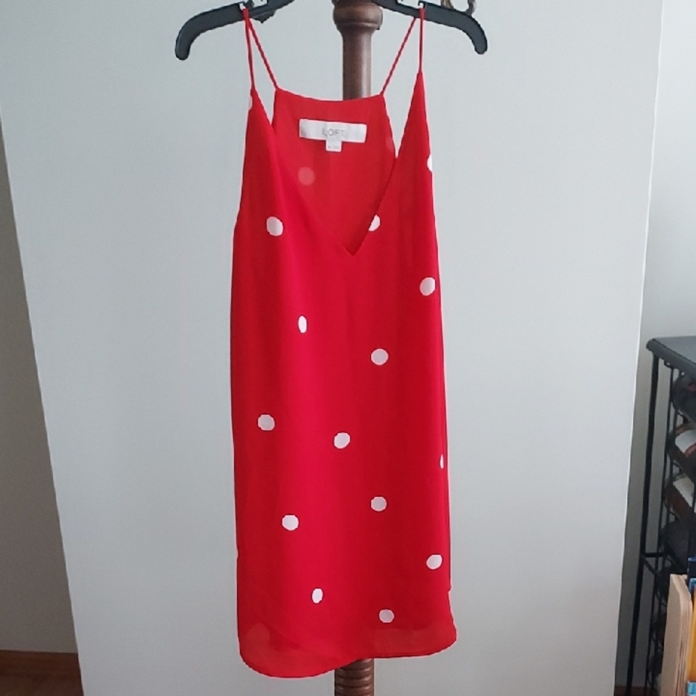 LOFT Red Slip Dress with White Polka Dots